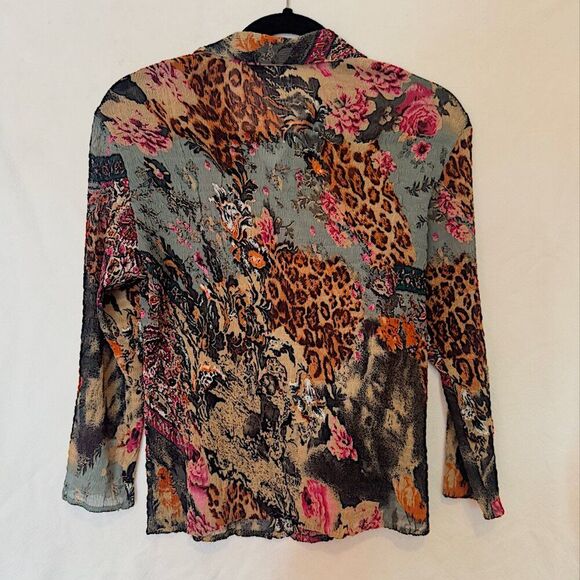Alberto Makali sequined crinkle animal print button down top S/L - Picture 2 of 8